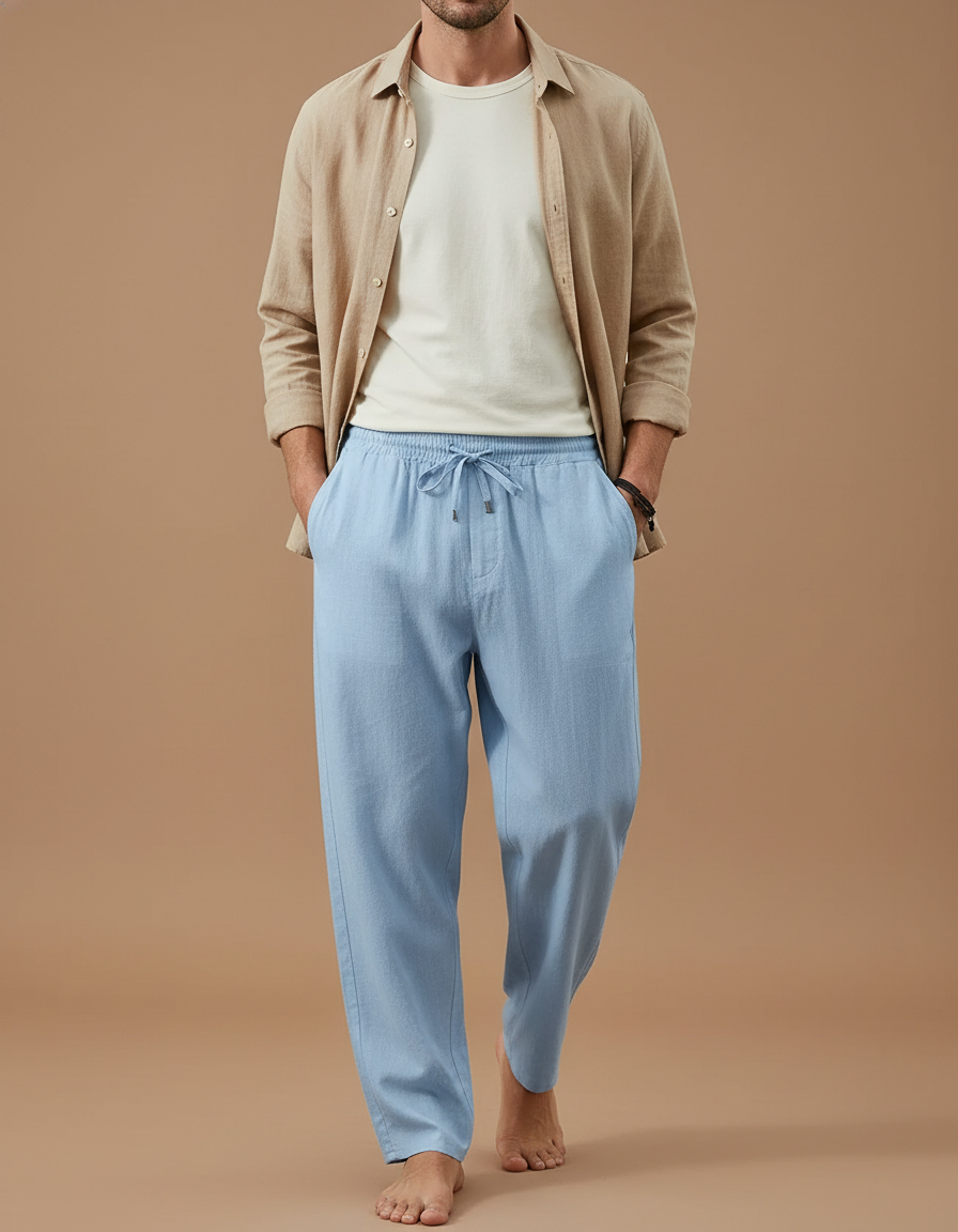Pantalon Baggy Bleu Ciel Lin Ample Cordon Homme