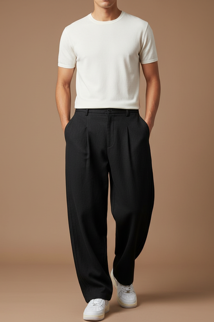 Pantalon Baggy Noir Ample Fluide Décontracté Plissé Homme - Gabardine