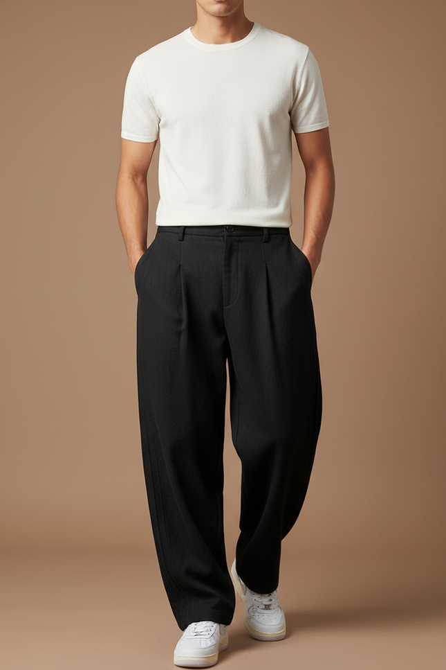 Pantalon Baggy Noir Ample Fluide Décontracté Plissé Homme - Gabardine