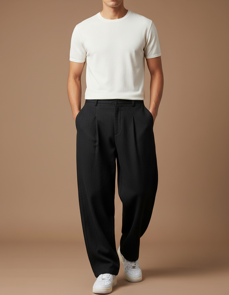 Pantalon Baggy Noir Ample Fluide Décontracté Plissé Homme - Gabardine