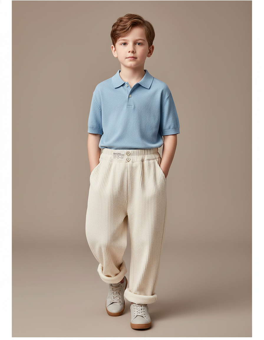 Pantalon Baggy Crème Côtelé Ample Confortable Enfant - Beige Cordé
