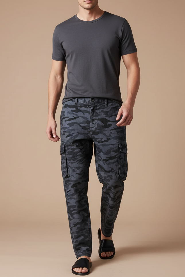 Pantalon Baggy Camouflage Gris Cargo Ample Homme - Toile