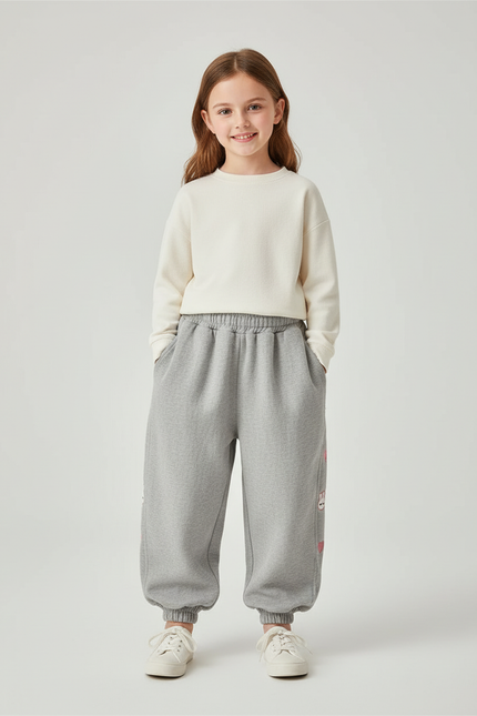 Pantalon Baggy Gris Ample Molleton Lapin Cœur Fille