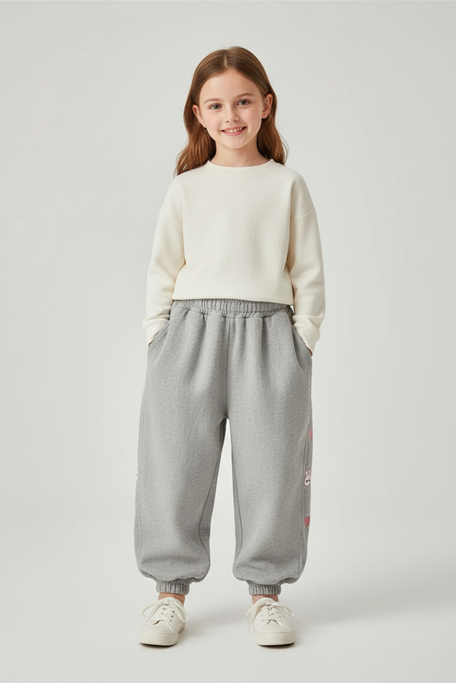Pantalon Baggy Gris Ample Molleton Lapin Cœur Fille