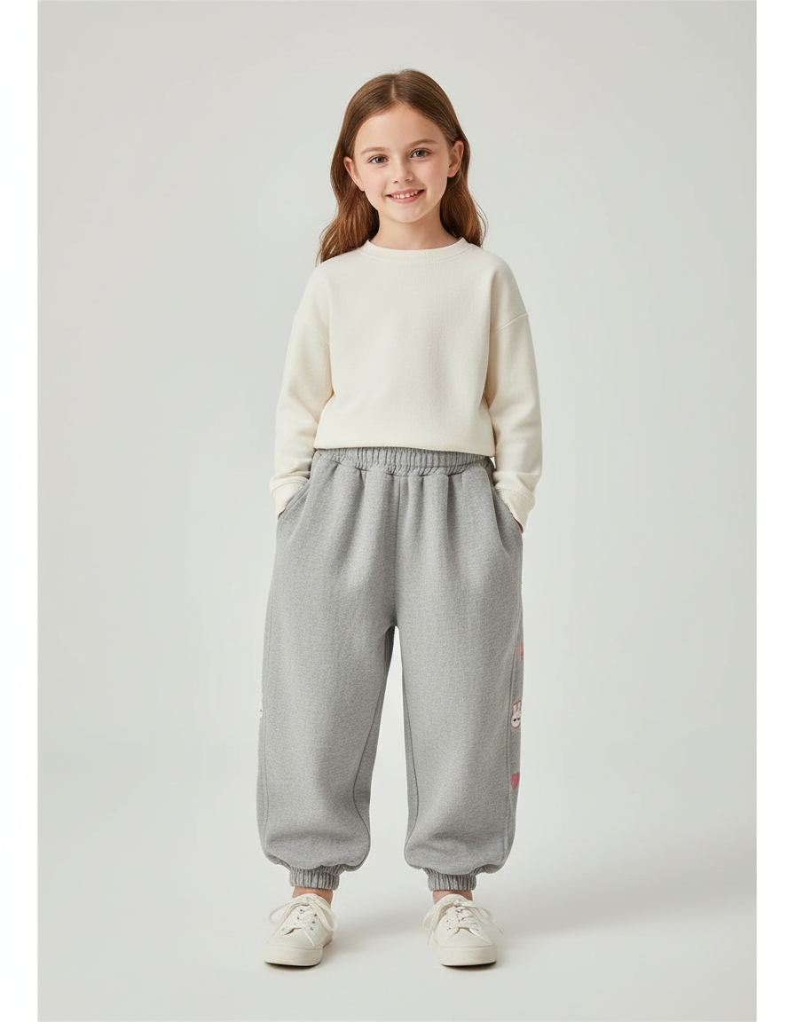 Pantalon Baggy Gris Ample Molleton Lapin Cœur Fille