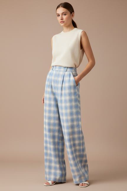 Pantalon Baggy Plaid Bleu Écru Ample Fluide - Multicolore Tweed