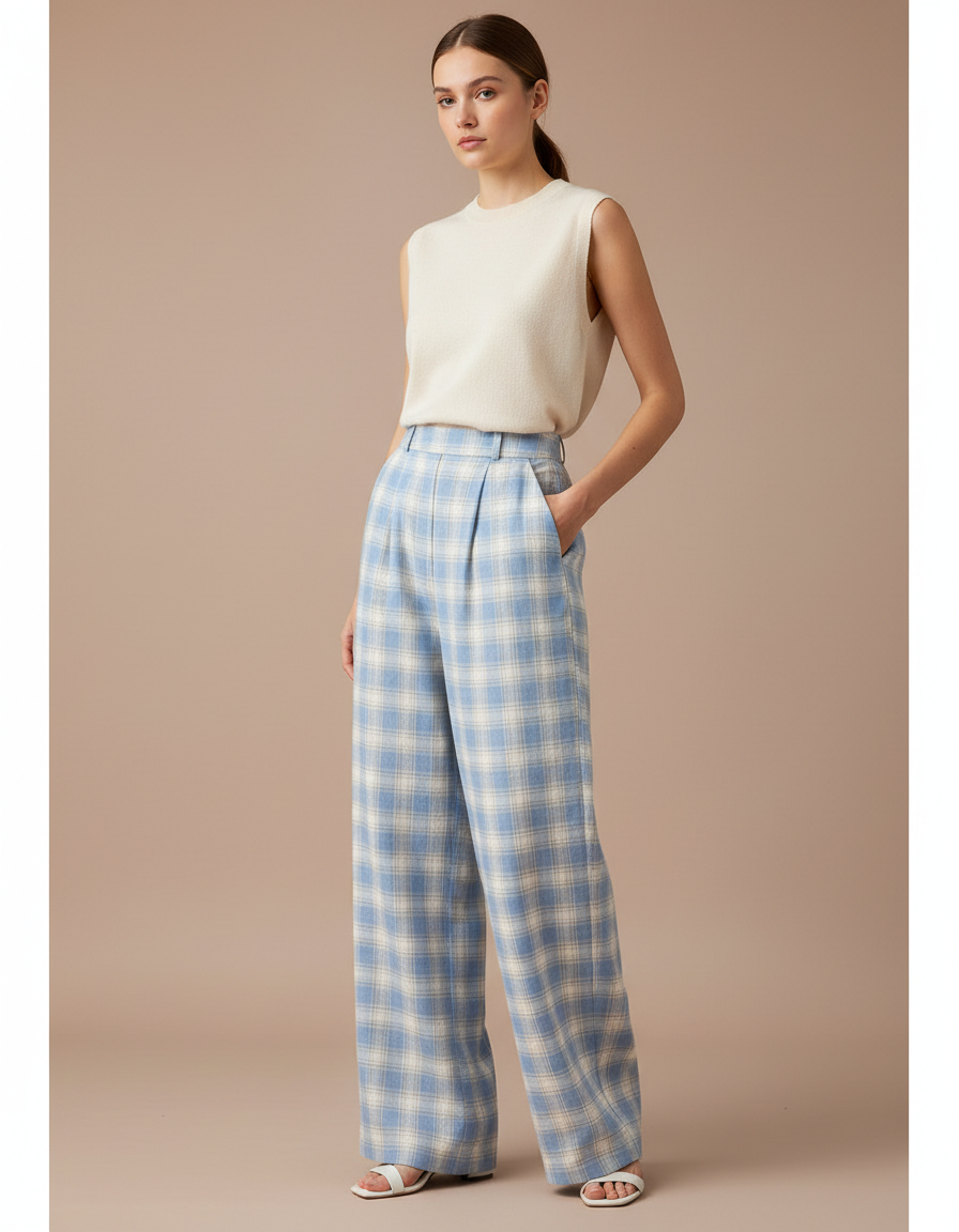 Pantalon Baggy Plaid Bleu Écru Ample Fluide - Multicolore Tweed