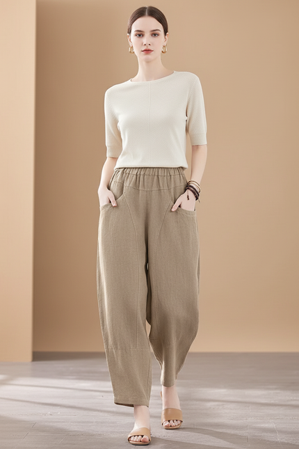 Pantalon Baggy Beige Lin Ample Taille Élastique