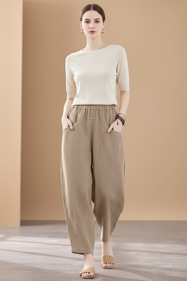 Pantalon Baggy Beige Lin Ample Taille Élastique