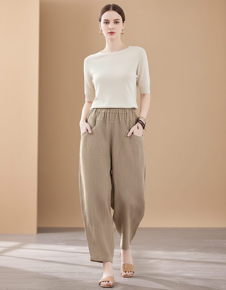 Pantalon Baggy Beige Lin Ample Taille Élastique