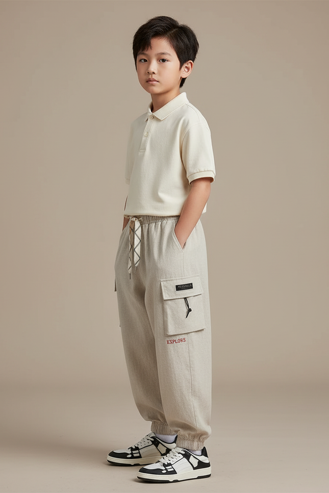 Pantalon Baggy Garçon Beige Cargo Coton - Lin