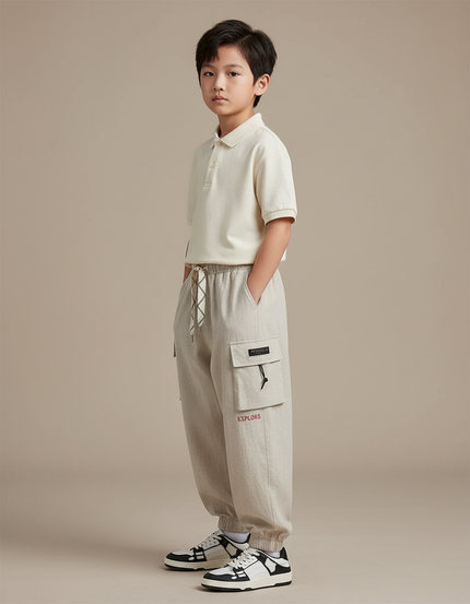 Pantalon Baggy Garçon Beige Cargo Coton - Lin