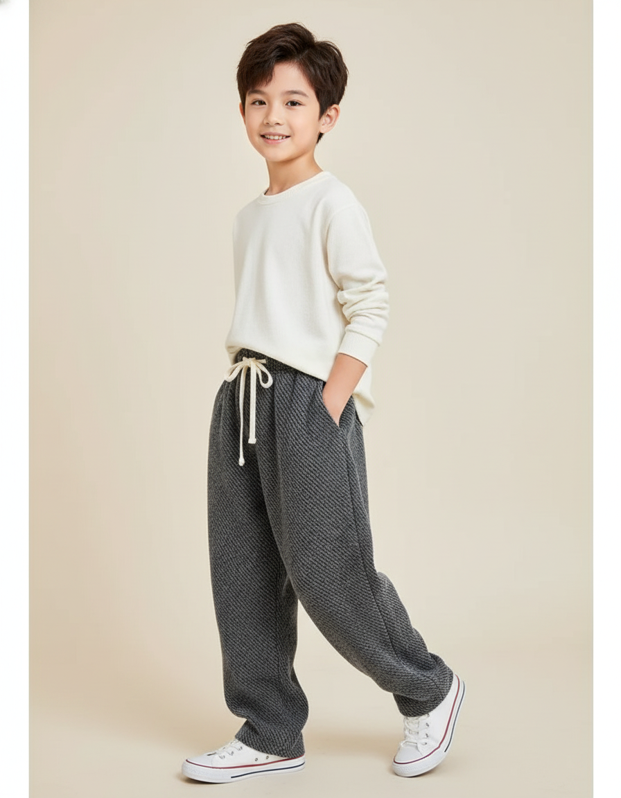Pantalon Baggy Gris Épais Texturé Ample Enfant - Tweed