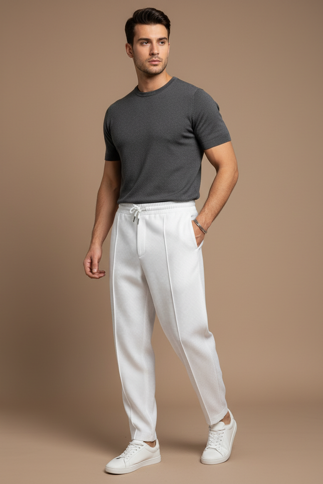 Pantalon Baggy Blanc Gaufre Décontracté Cordon Homme - Maille