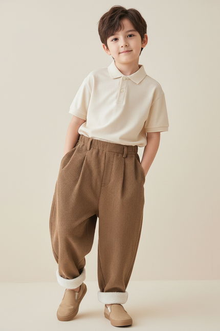 Pantalon Baggy Marron Velours Côtelé Doublé Chaud Enfant - Cordé