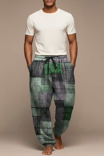 Pantalon Baggy Vert Gris Patchwork Décontracté Homme Cordon - Multicolore Molleton