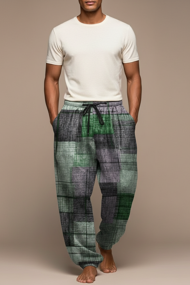 Pantalon Baggy Vert Gris Patchwork Décontracté Homme Cordon - Multicolore Molleton