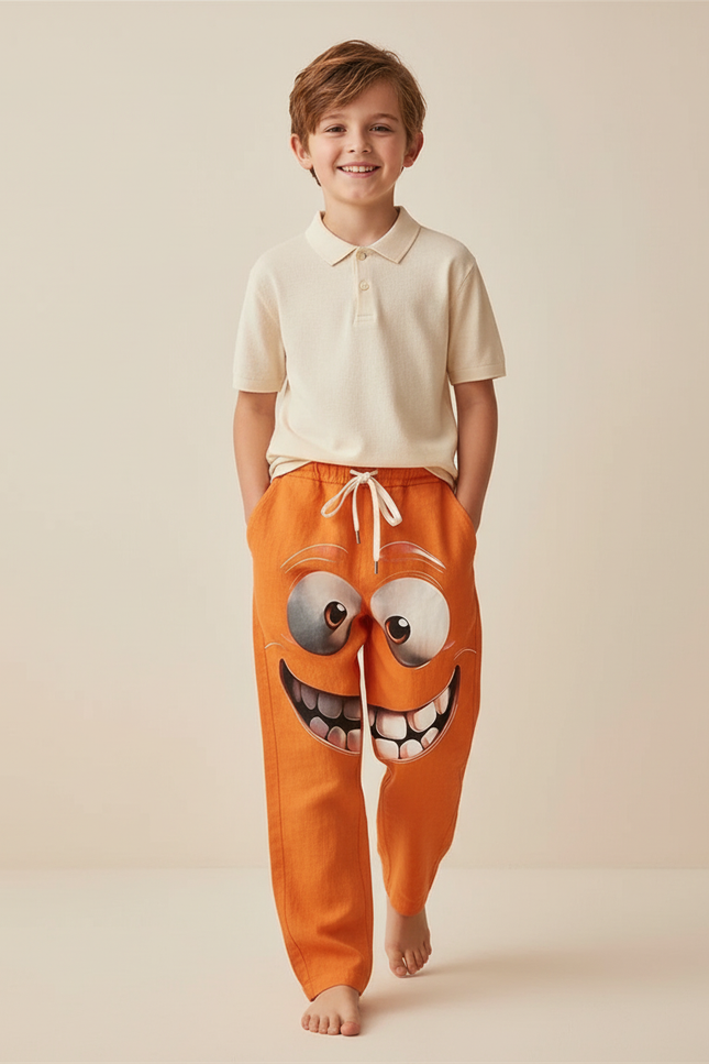 Pantalon Baggy Orange Imprimé Visage Ample Enfant Cordon - Lin