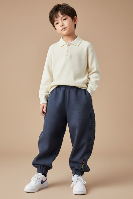 Pantalon Baggy Bleu Marine Ample Waffle Décontracté Enfant - Maille