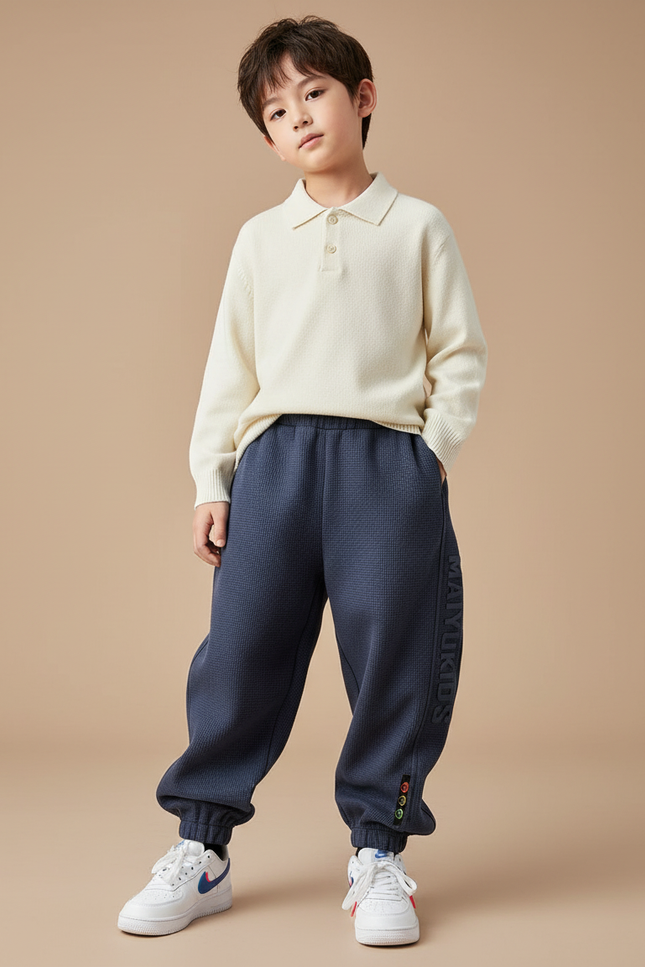 Pantalon Baggy Bleu Marine Ample Waffle Décontracté Enfant - Maille