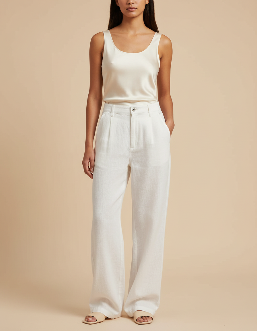 Pantalon Baggy Blanc Lin Ample Plissé Fluide