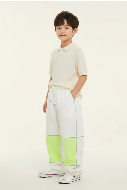 Pantalon Baggy Blanc Néon Color Block Confortable Enfant - Molleton