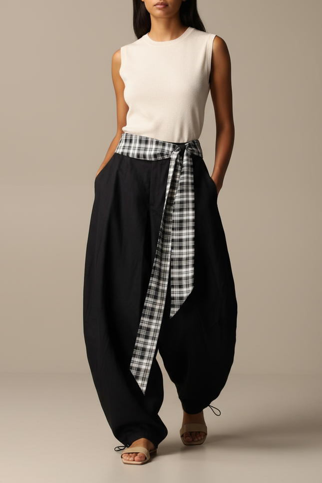 Pantalon Baggy Noir Ample Fluide Plaid Femme - Viscose