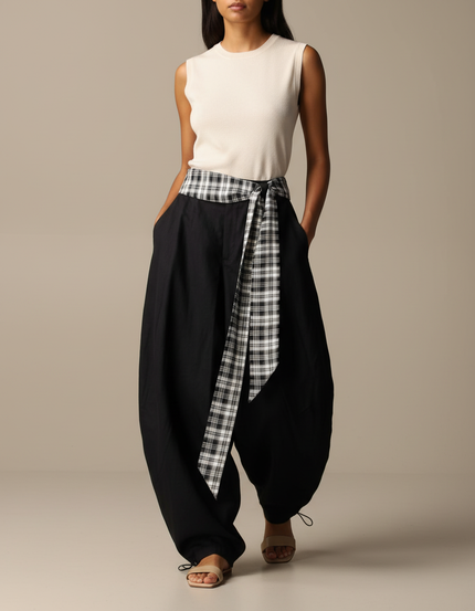 Pantalon Baggy Noir Ample Fluide Plaid Femme - Viscose