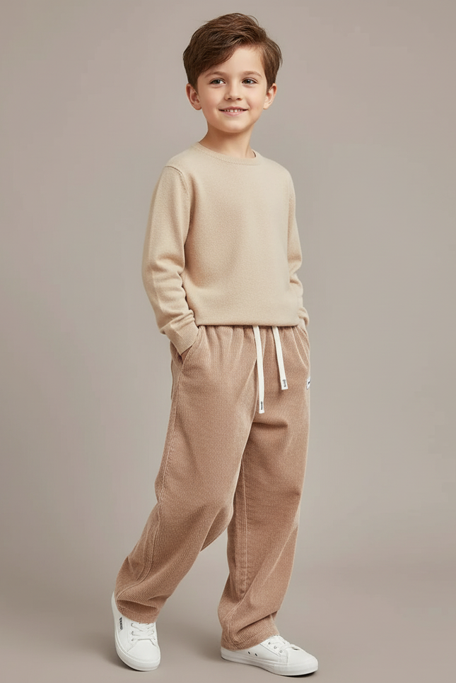 Pantalon Baggy Velours Côtelé Beige Ample Cordon Enfant - Cordé