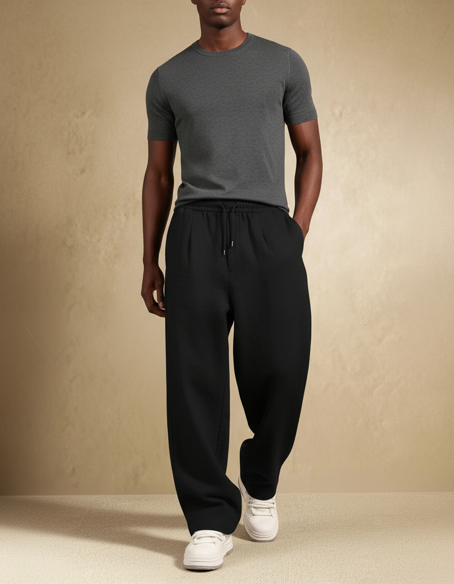 Pantalon Baggy Noir Ample Droit Homme Décontracté - Molleton