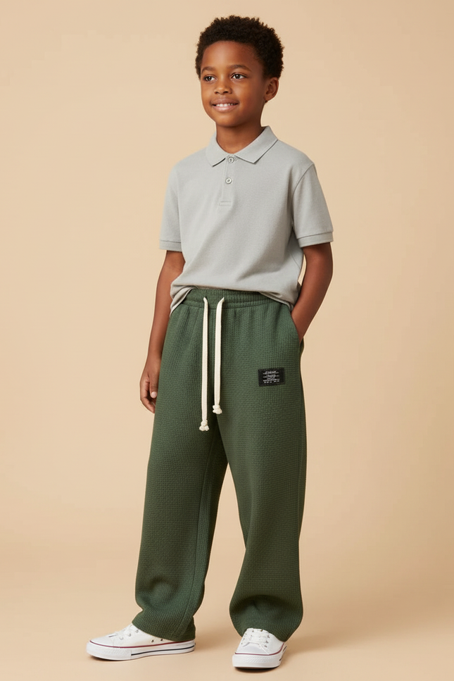 Pantalon Baggy Vert Kaki Ample Cordon Waffle Enfant - Maille