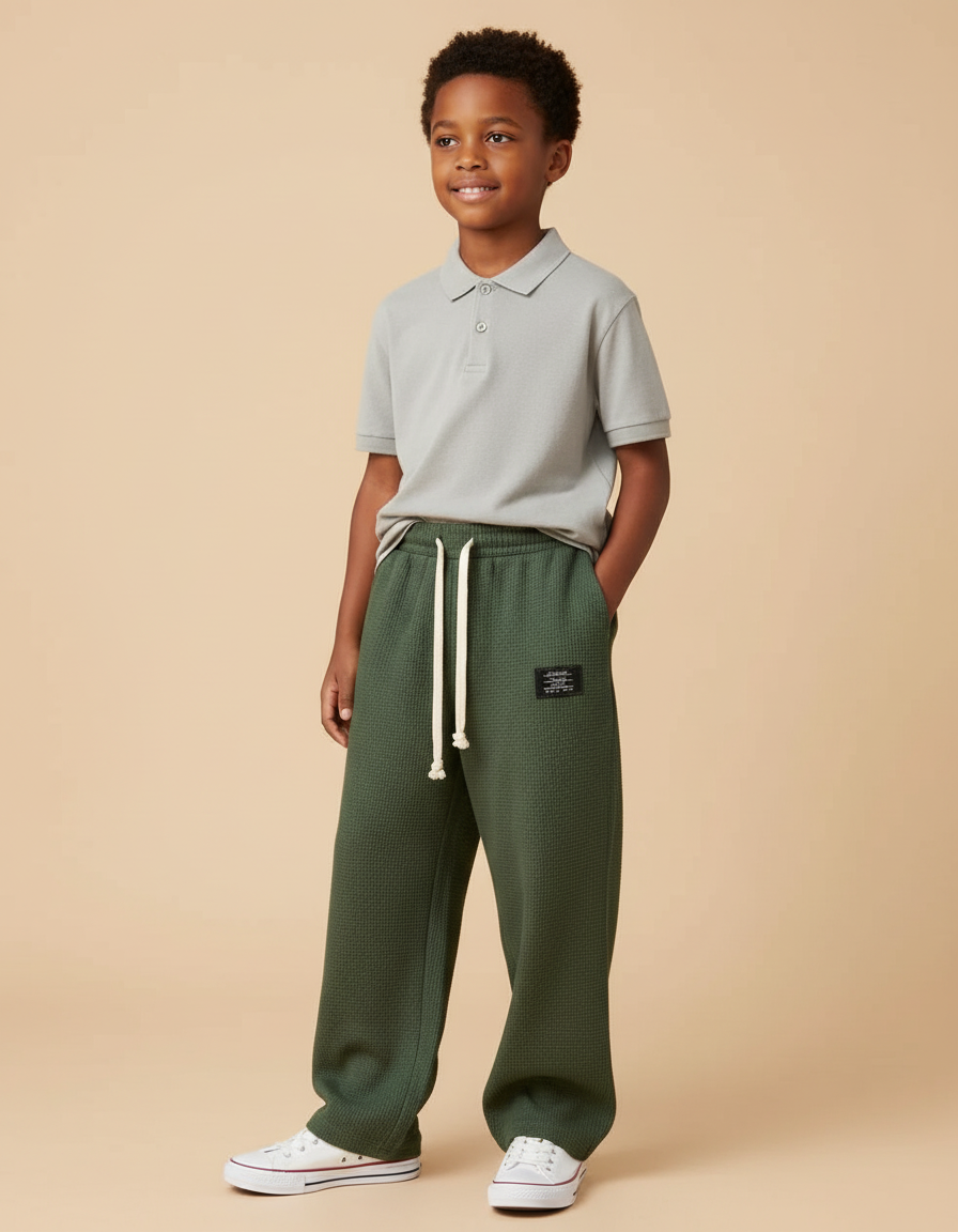 Pantalon Baggy Vert Kaki Ample Cordon Waffle Enfant - Maille