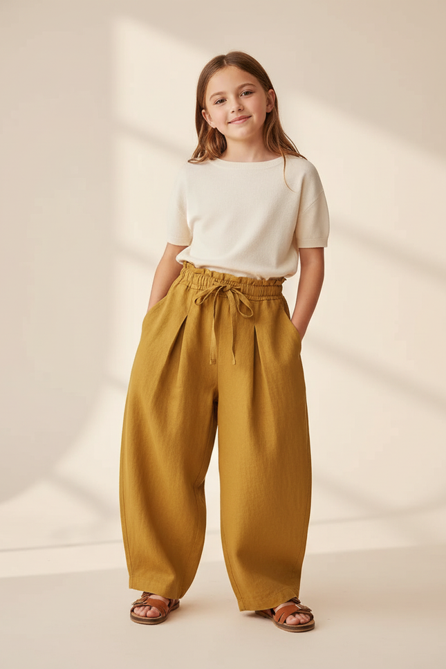 Pantalon Baggy Moutarde Lin Ample Décontracté Enfant - Jaune