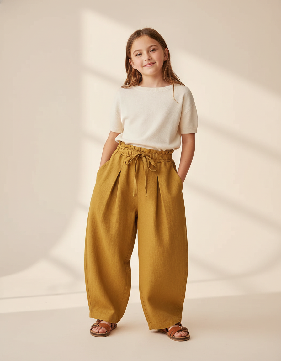 Pantalon Baggy Moutarde Lin Ample Décontracté Enfant - Jaune