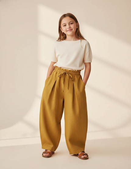 Pantalon Baggy Moutarde Lin Ample Décontracté Enfant - Jaune