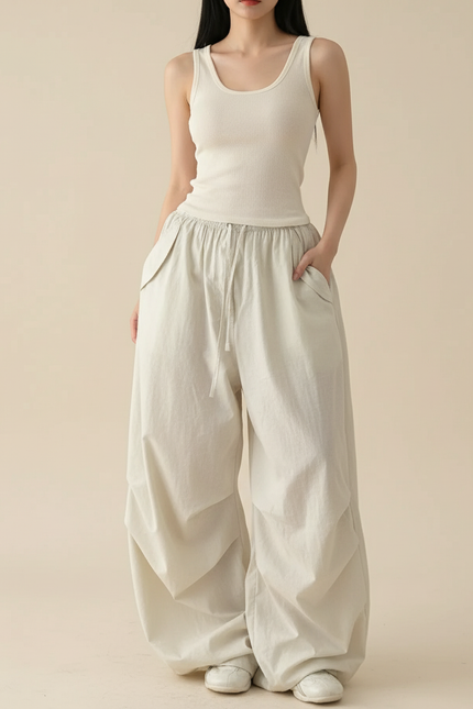 Pantalon Baggy Beige Ample Coton Fluide Décontracté