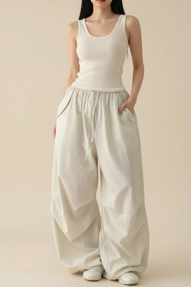 Pantalon Baggy Beige Ample Coton Fluide Décontracté