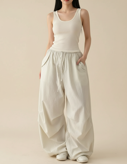 Pantalon Baggy Beige Ample Coton Fluide Décontracté