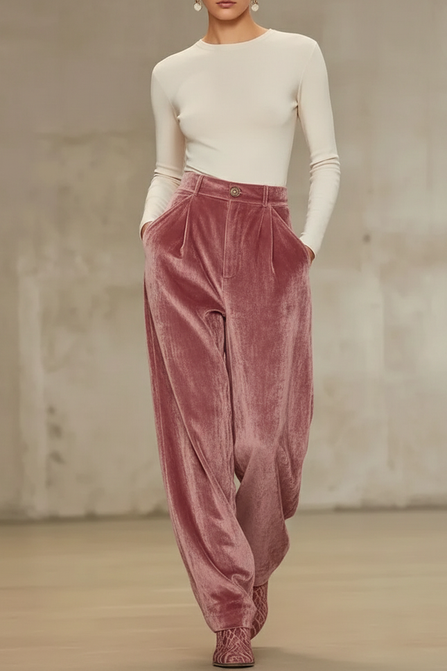 Pantalon Baggy Velours Rose Plissé Taille Haute Ample