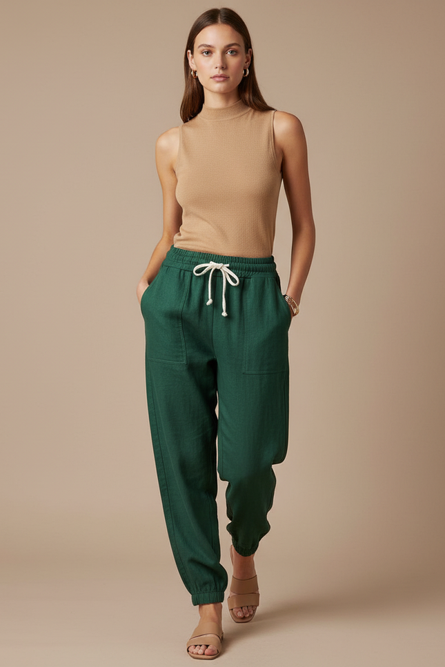 Pantalon Baggy Vert Lin Cordon Ample Décontracté Femme