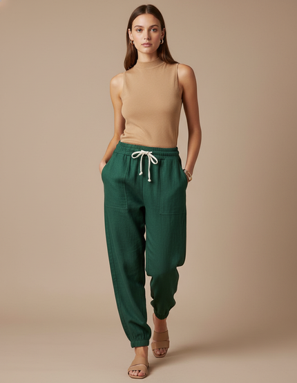 Pantalon Baggy Vert Lin Cordon Ample Décontracté Femme