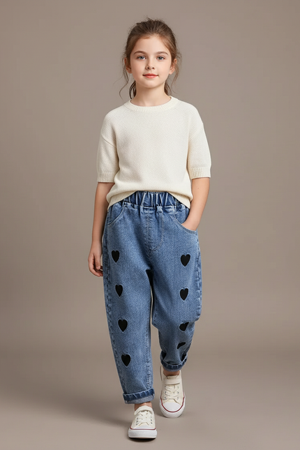 Pantalon Baggy Jean Bleu Cœurs Noirs Ample Enfant