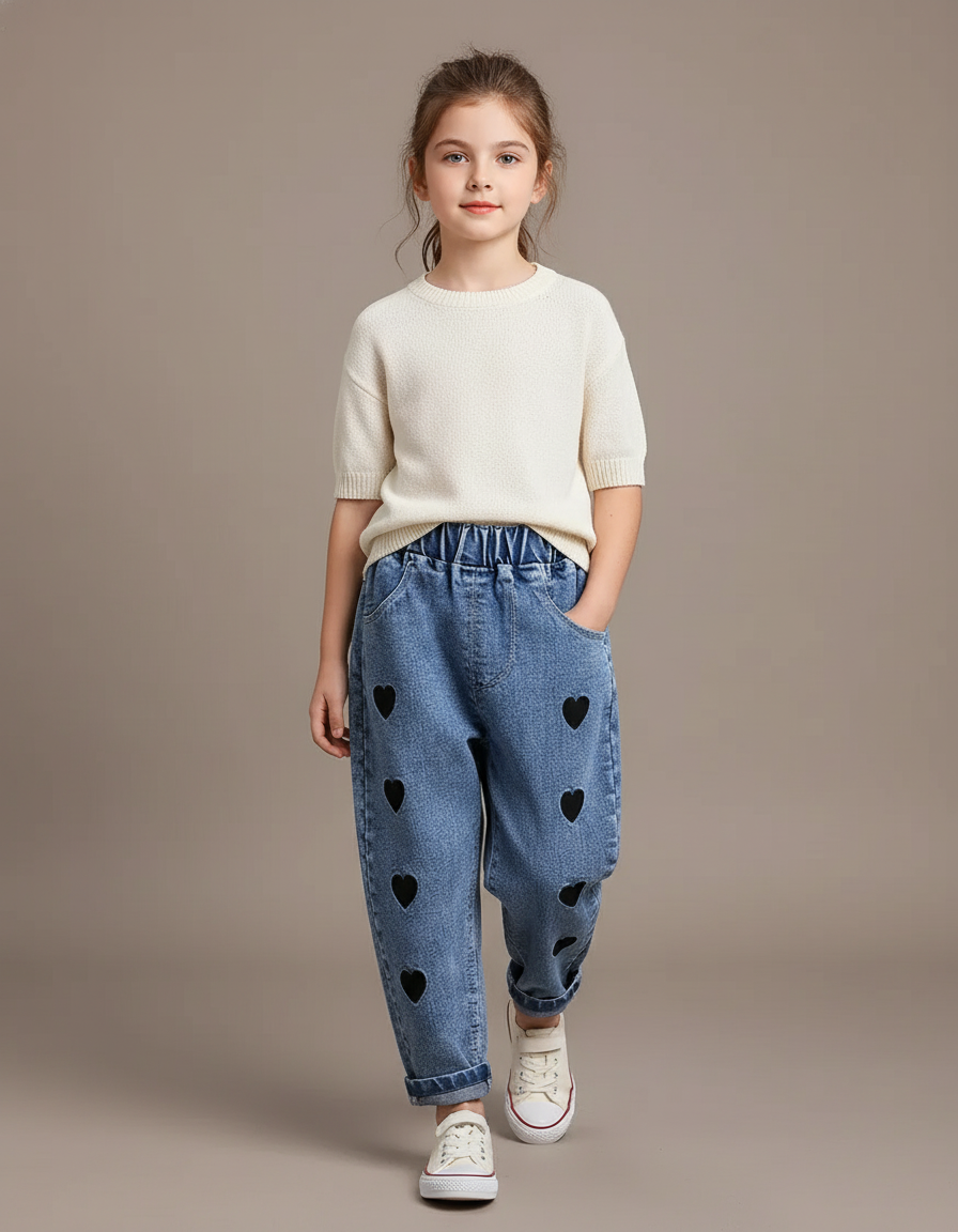 Pantalon Baggy Jean Bleu Cœurs Noirs Ample Enfant