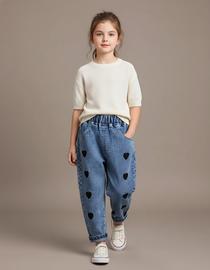 Pantalon Baggy Jean Bleu Cœurs Noirs Ample Enfant