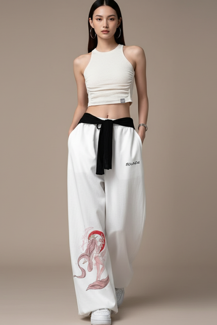 Pantalon Baggy Blanc Imprimé Ample Cordon Streetwear - Molleton