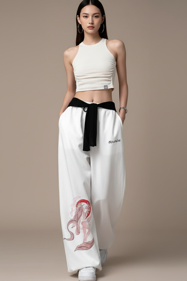 Pantalon Baggy Blanc Imprimé Ample Cordon Streetwear - Molleton