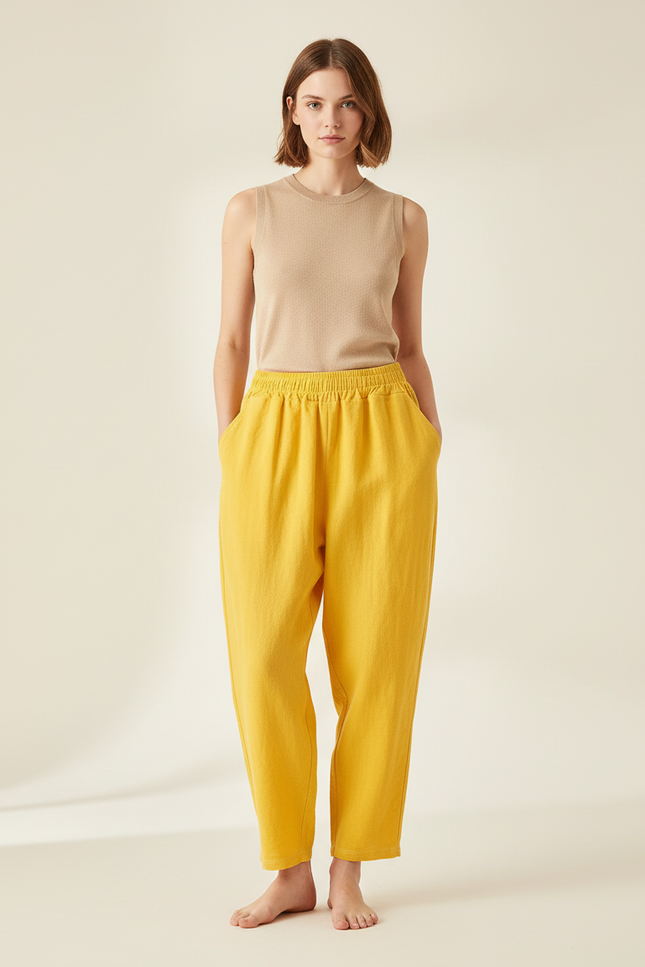 Pantalon Baggy Jaune Ample Lin Décontracté Femme