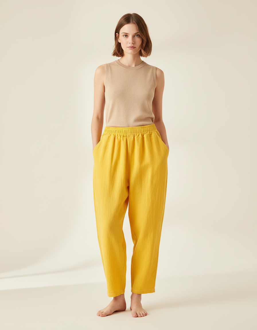Pantalon Baggy Jaune Ample Lin Décontracté Femme