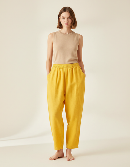 Pantalon Baggy Jaune Ample Lin Décontracté Femme