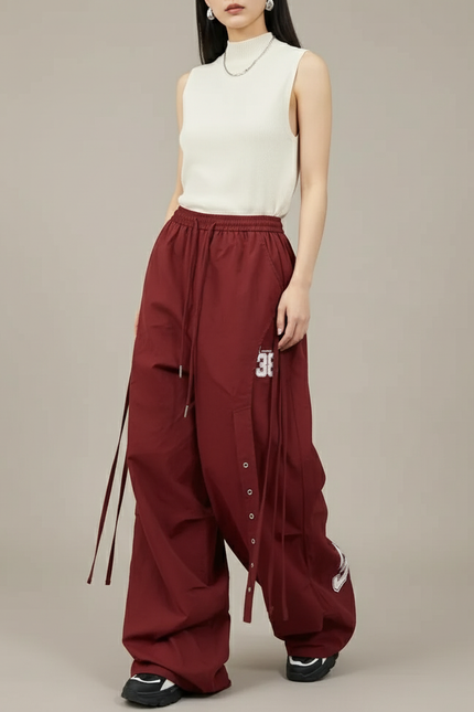 Pantalon Baggy Rouge Cargo Ample Sport Boutons - Bordeaux Polyester